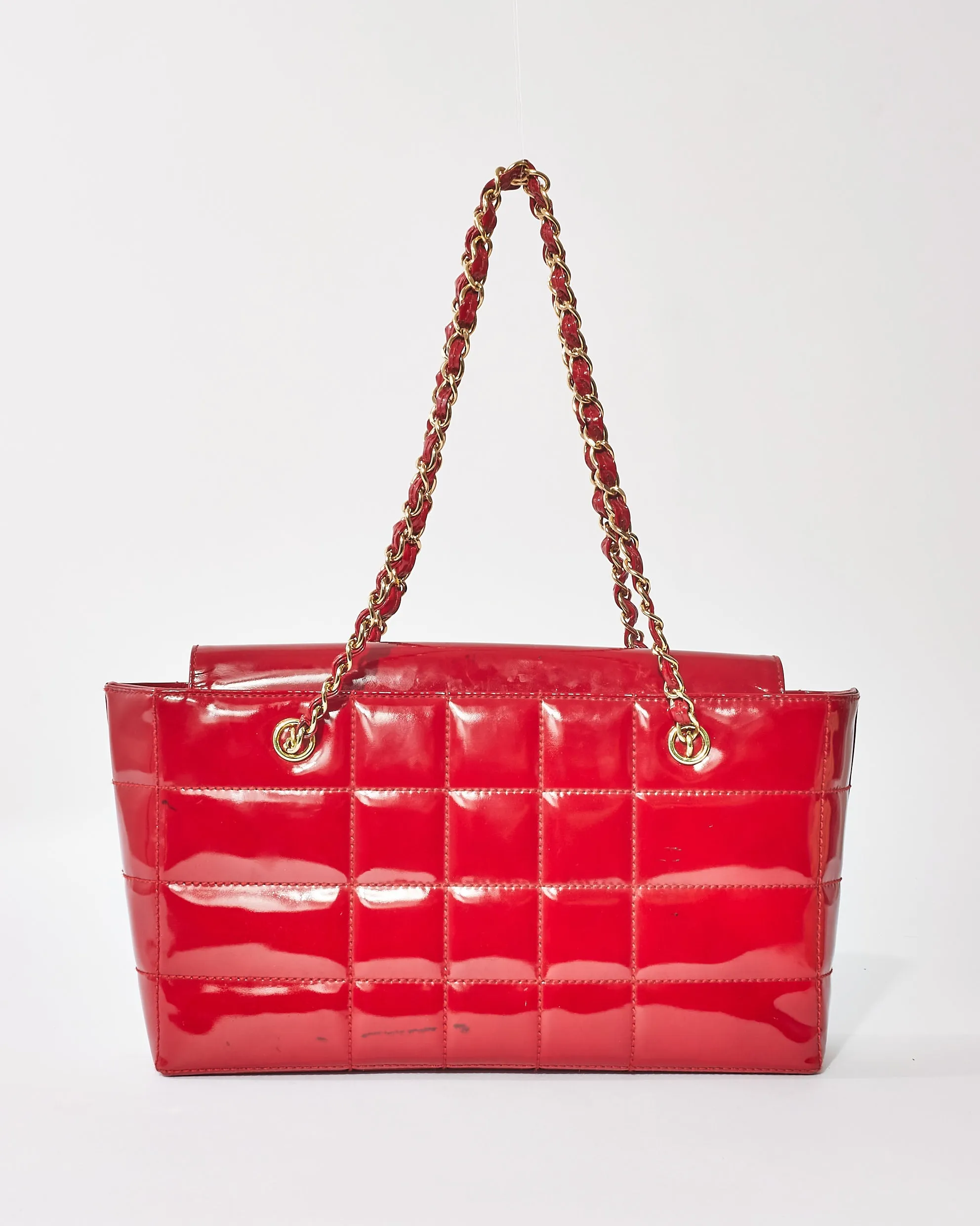 Chanel Vintage Red Patent Leather "Chocolate Bar" Tote Bag