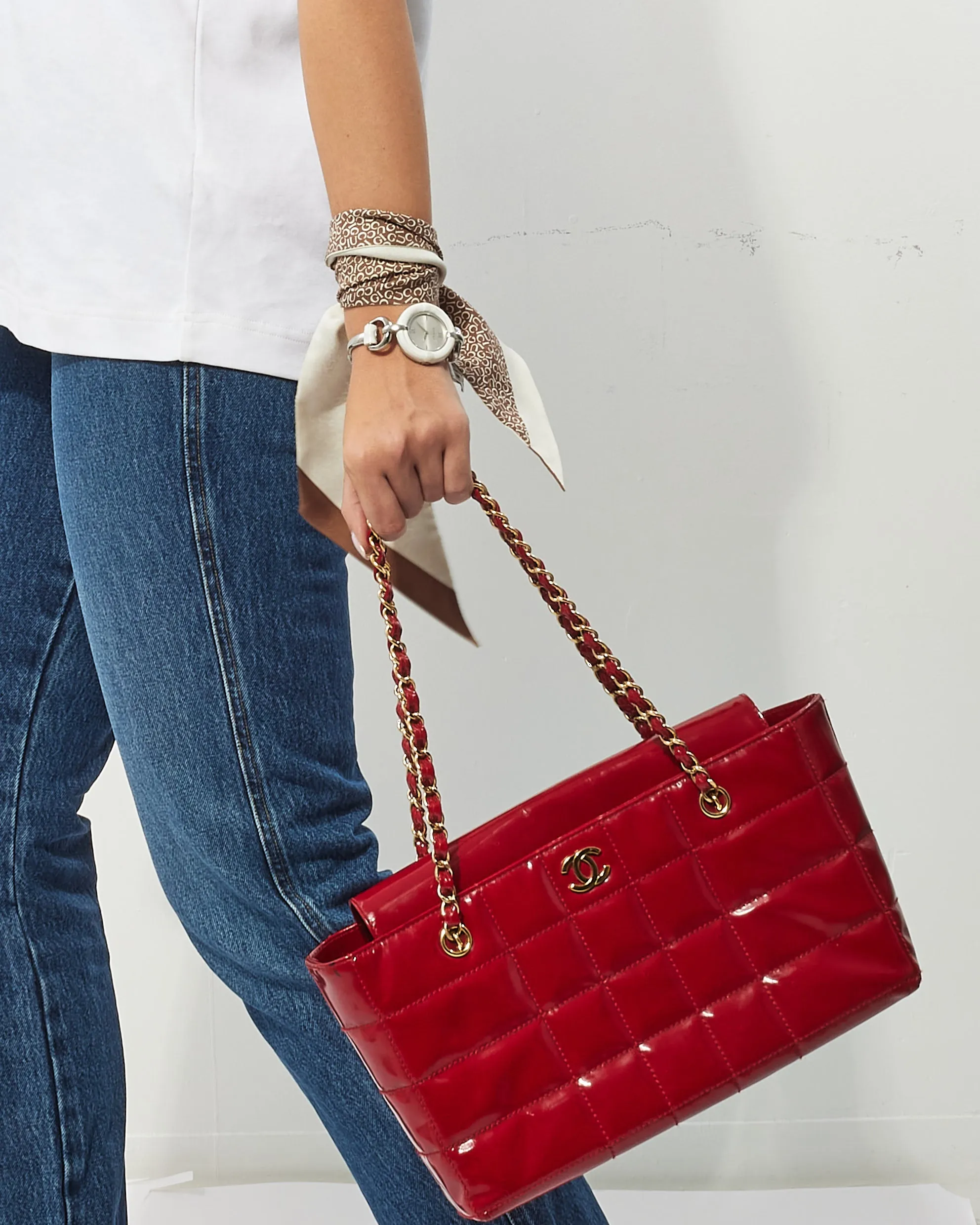 Chanel Vintage Red Patent Leather "Chocolate Bar" Tote Bag