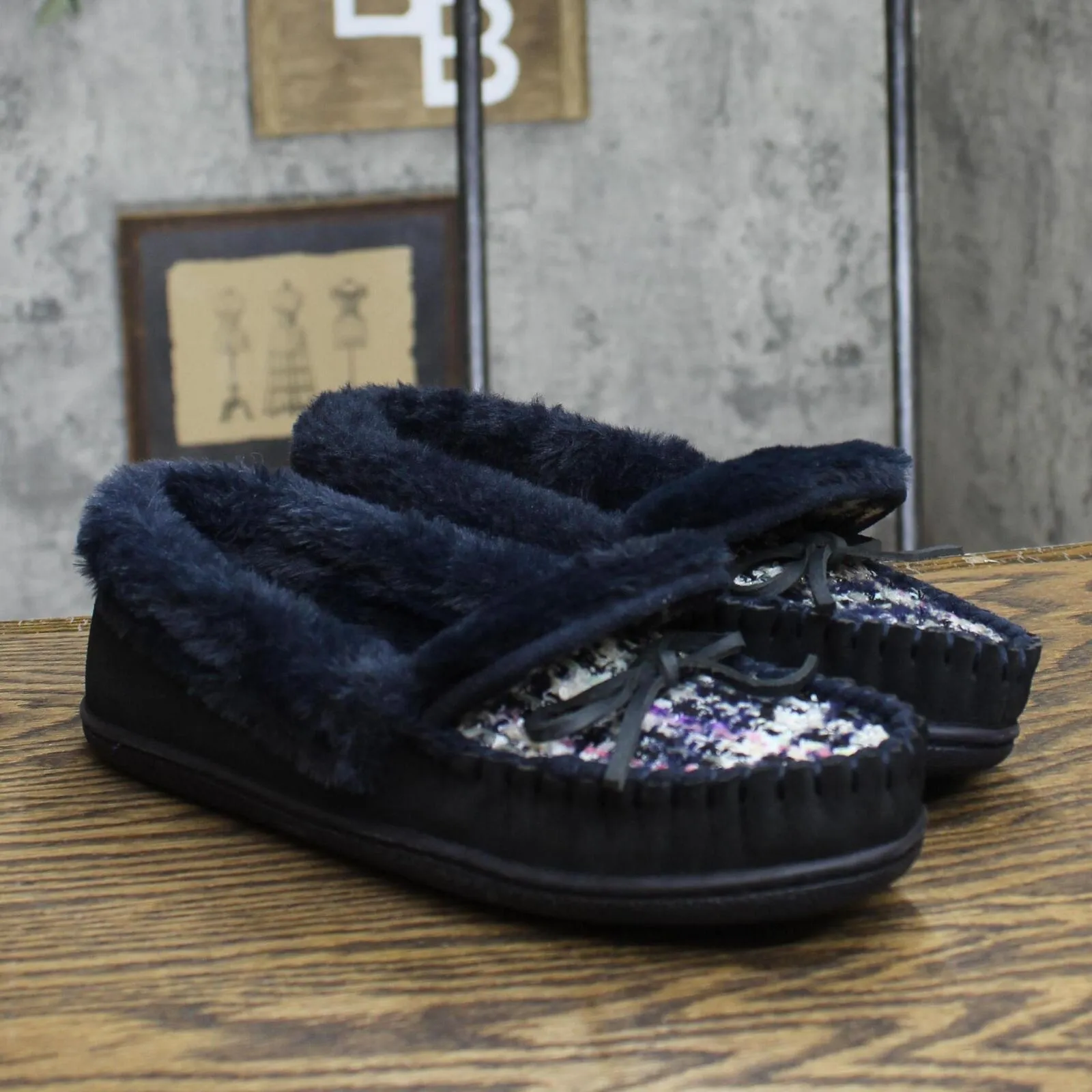 Charter Club Damask Dorenda Suede Cozy Moccasin Slippers Navy Boucle Blue 8M