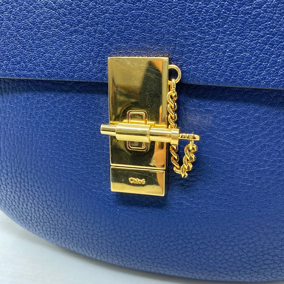 Chloe Drew Bag in Blue Pebbled Leather with Gold Hardware