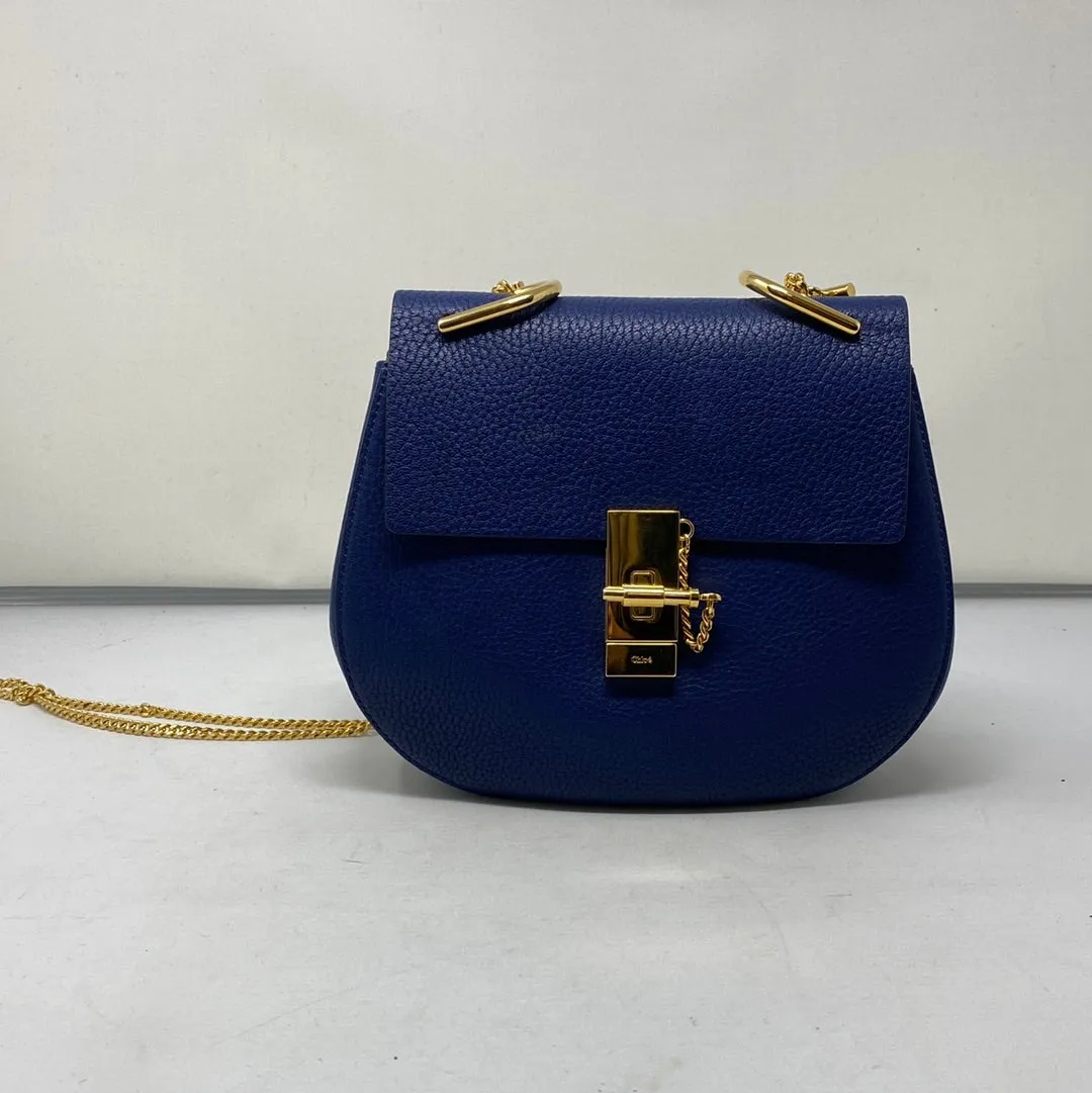 Chloe Drew Bag in Blue Pebbled Leather with Gold Hardware