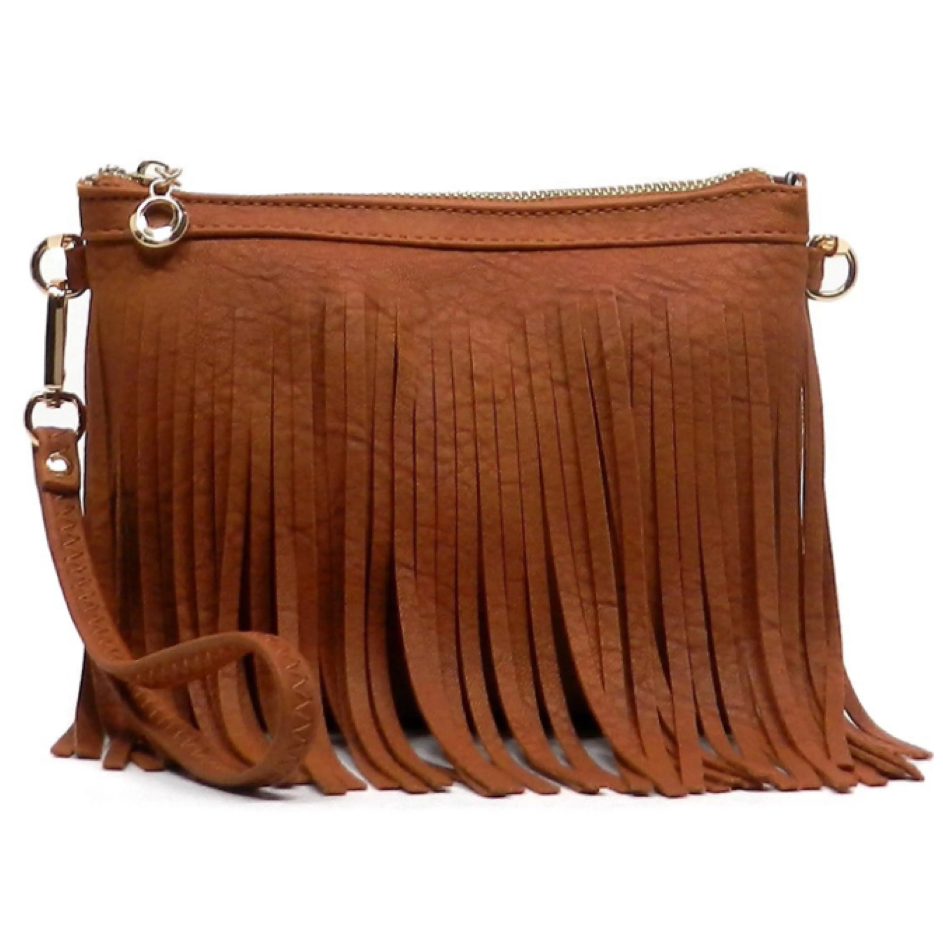 Cognac  Fringe Crossbody/Wristlet/Clutch