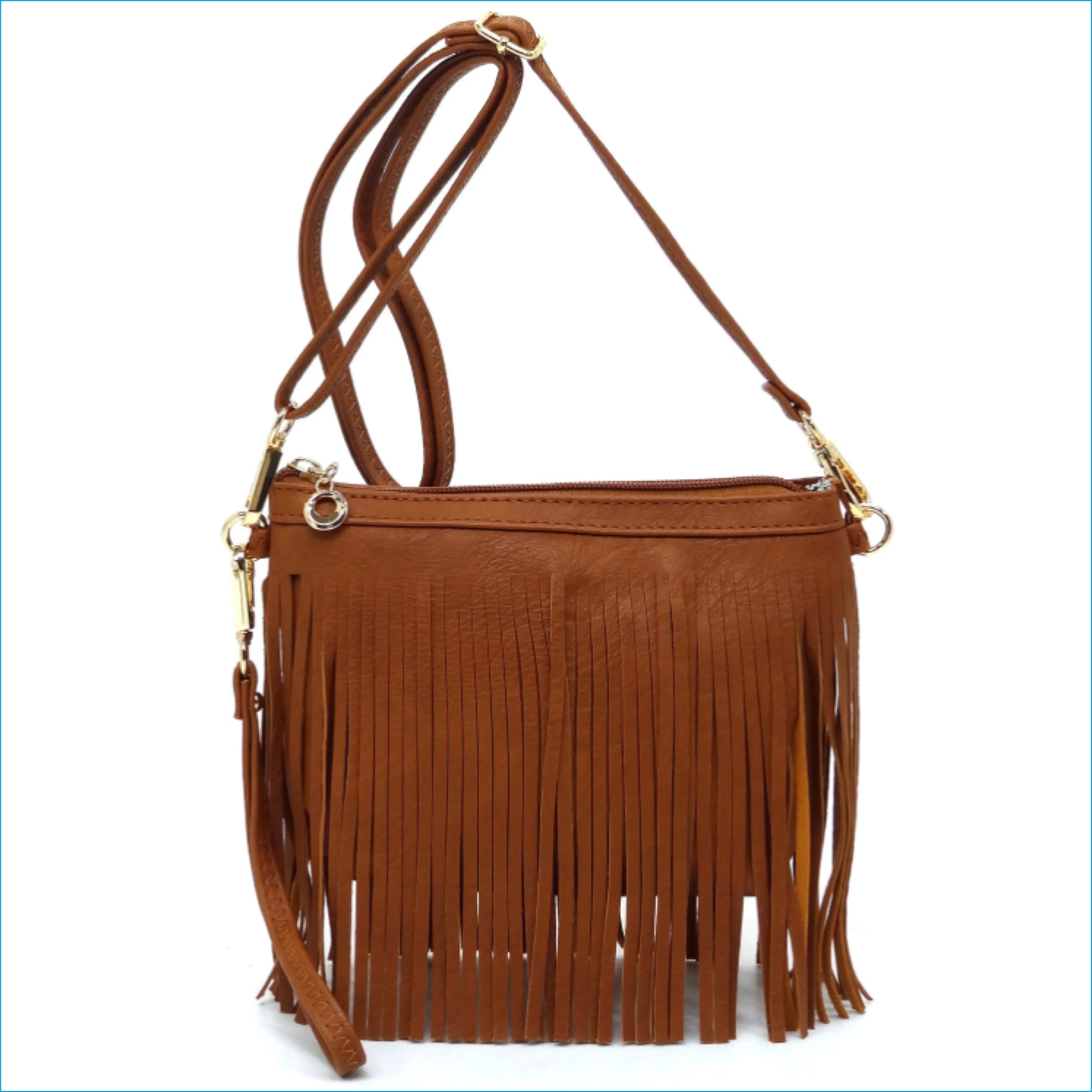 Cognac  Fringe Crossbody/Wristlet/Clutch