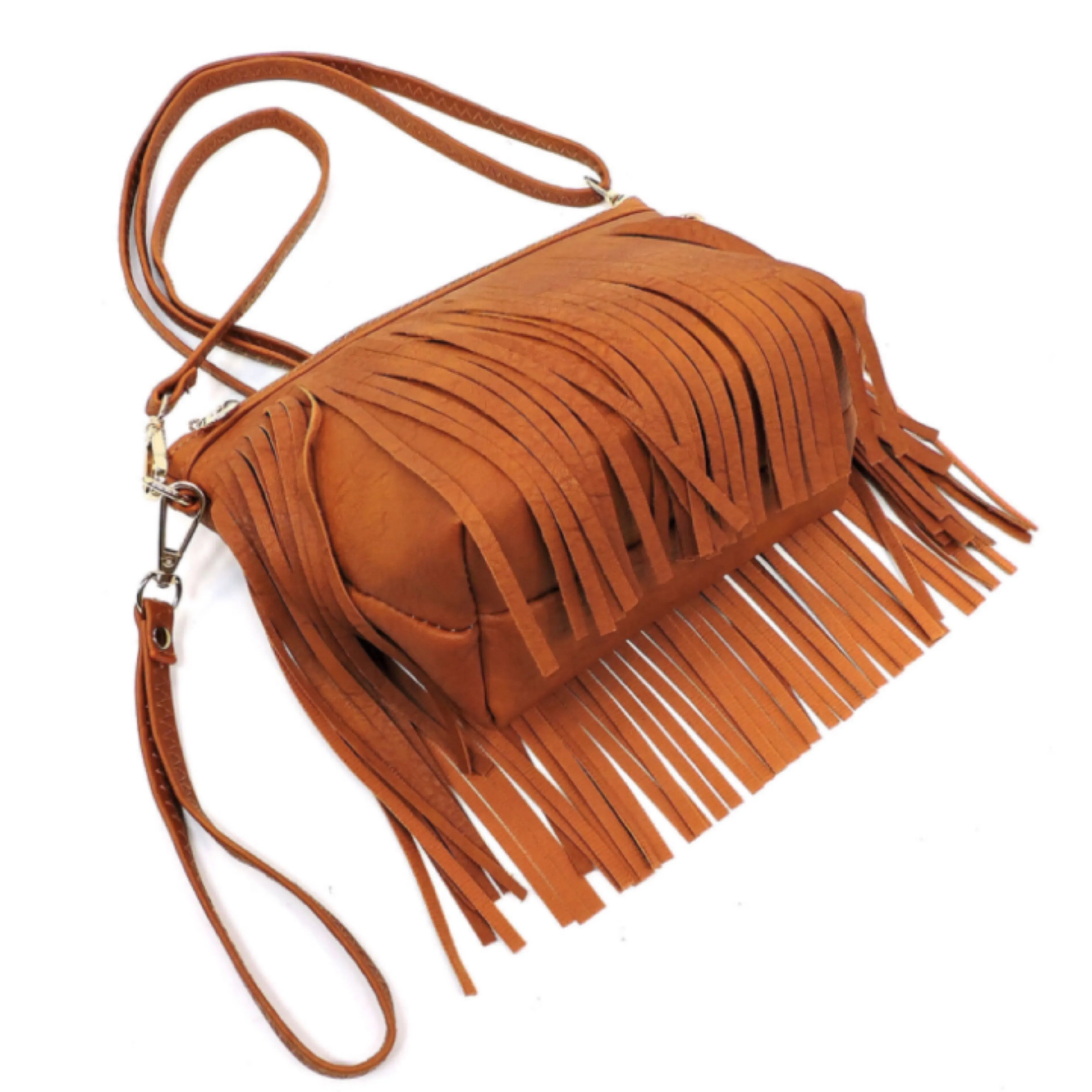 Cognac  Fringe Crossbody/Wristlet/Clutch