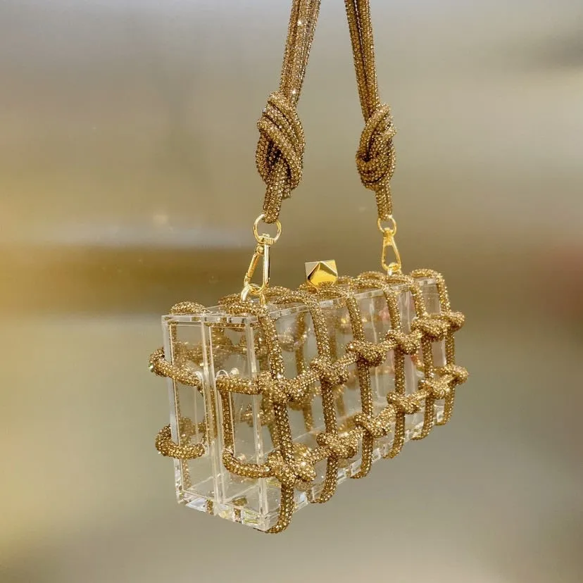 Designer Woven Diamonds Shoulder Bag Luxury Clear Acrylic Women Handbags Brands Party Evening Bags for Women 2023 Wedding Purses