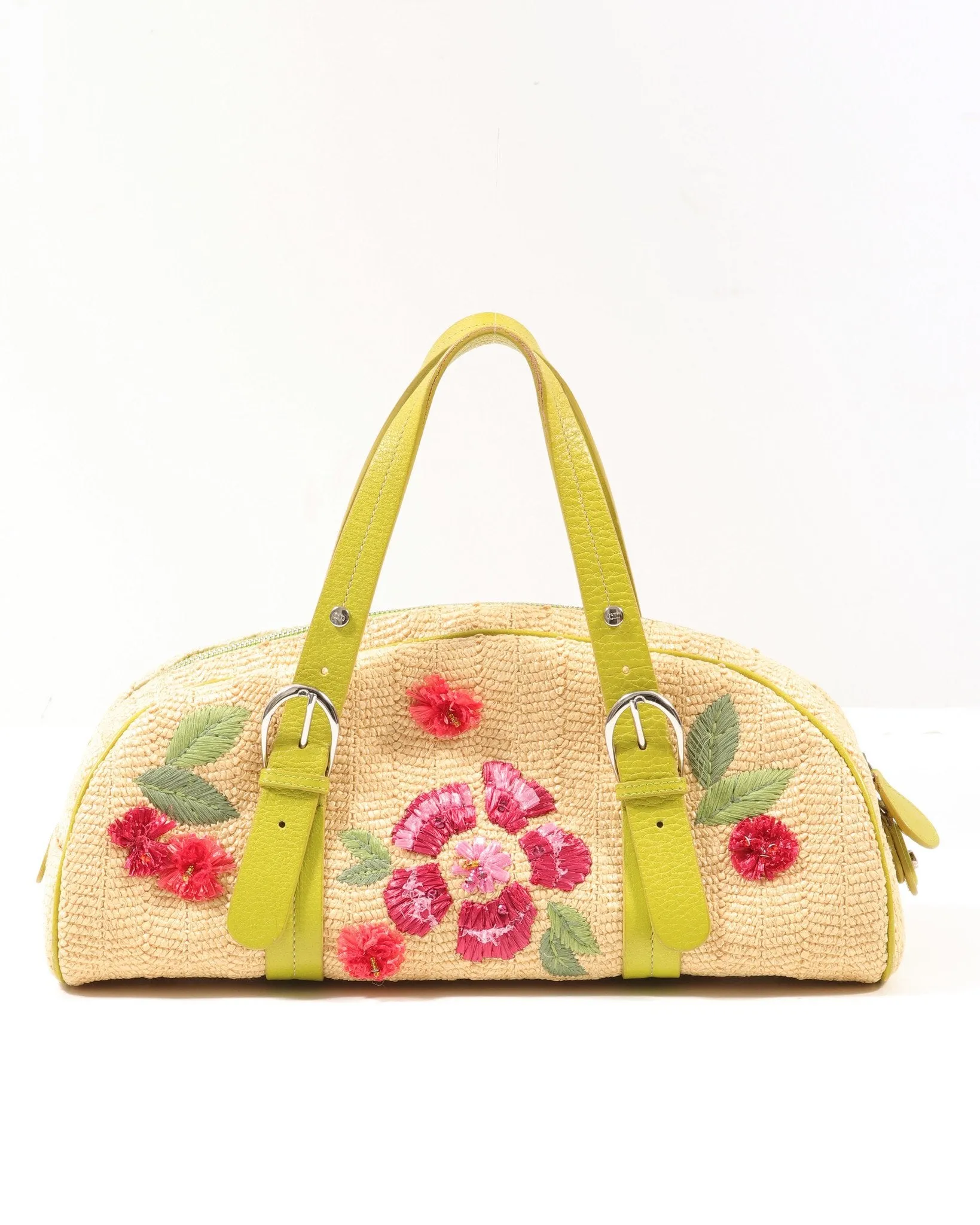 Dior Beige Raffia Flower Bowler Handbag