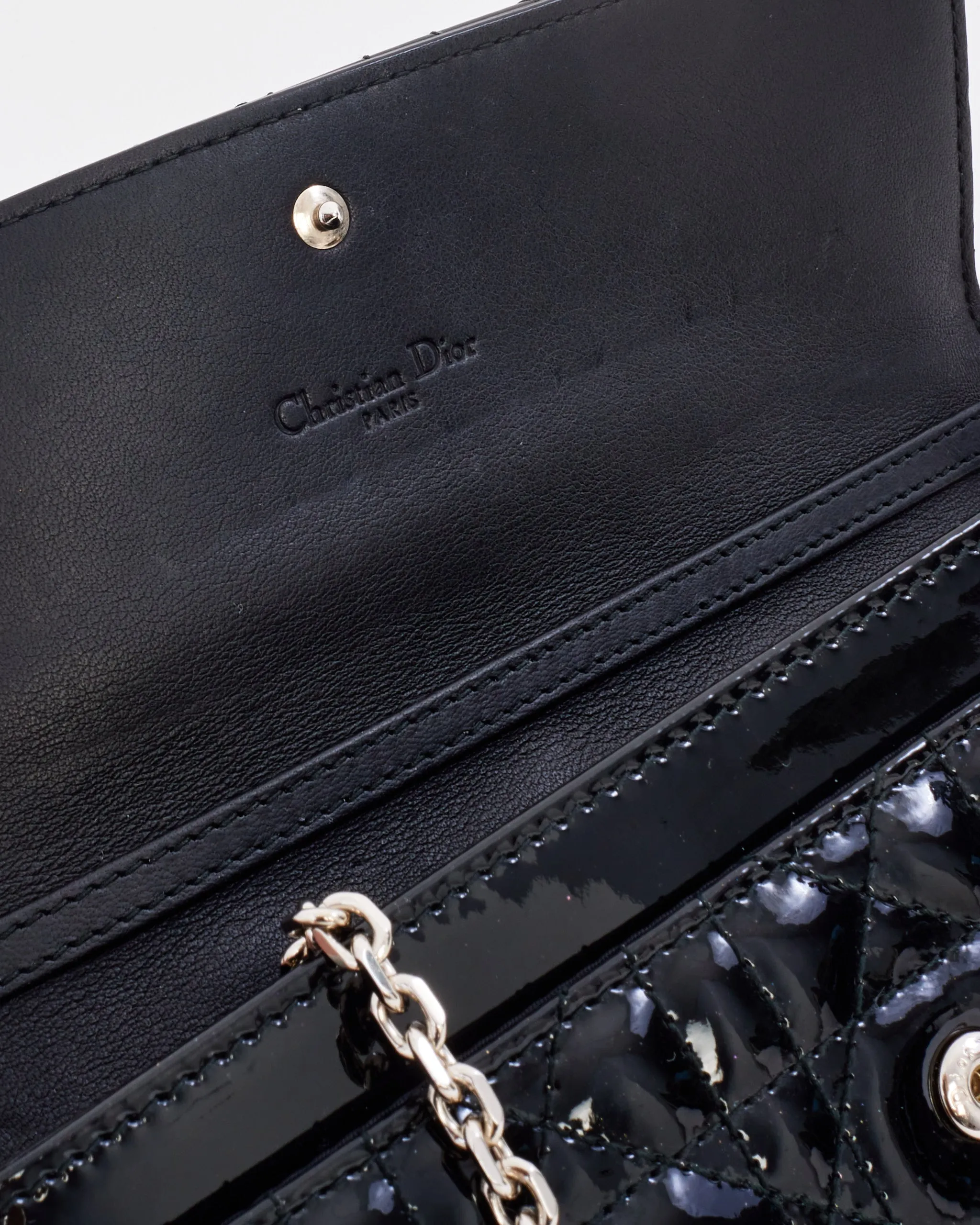 Dior Black Patent Leather Lady Dior Wallet on Chain