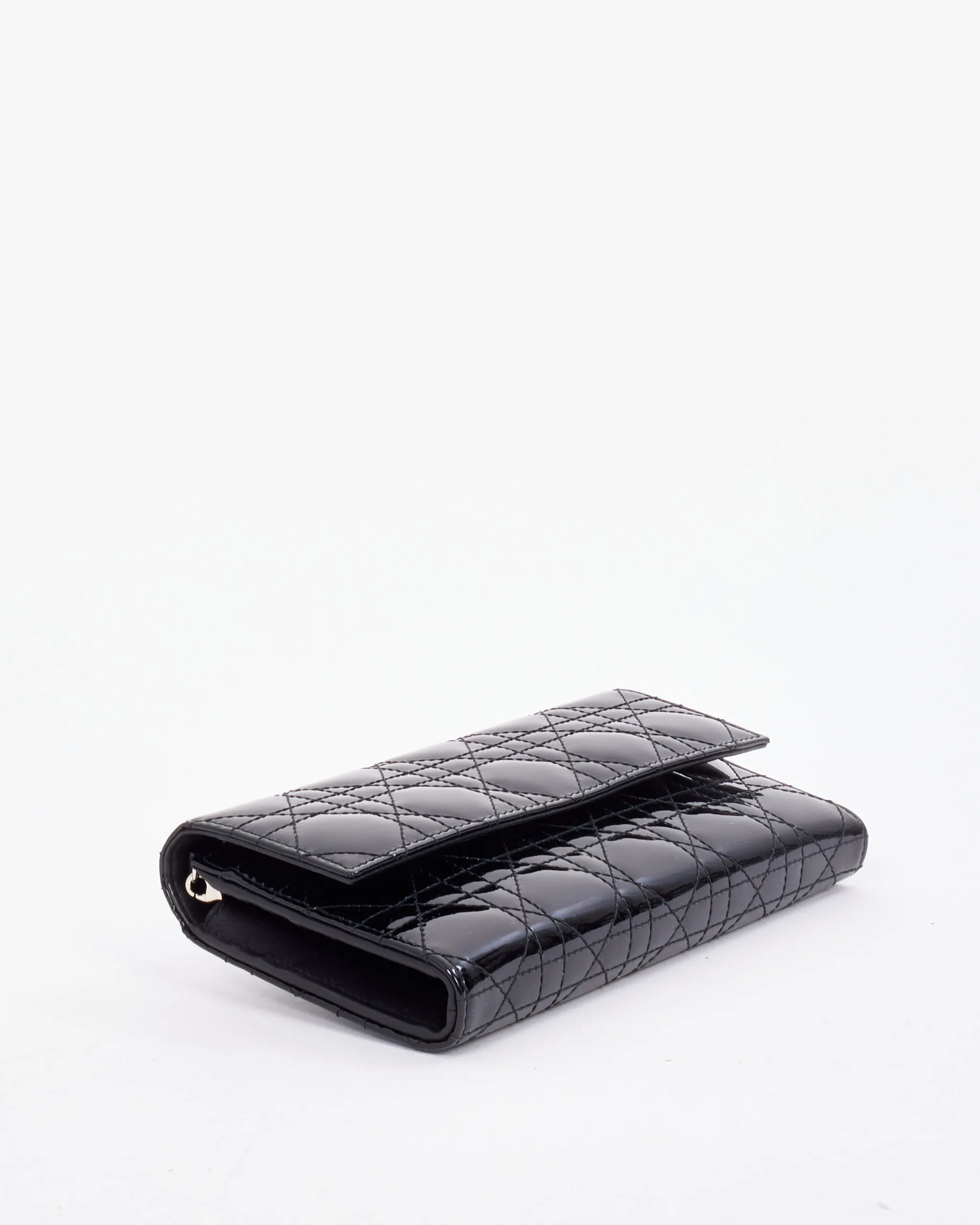 Dior Black Patent Leather Lady Dior Wallet on Chain