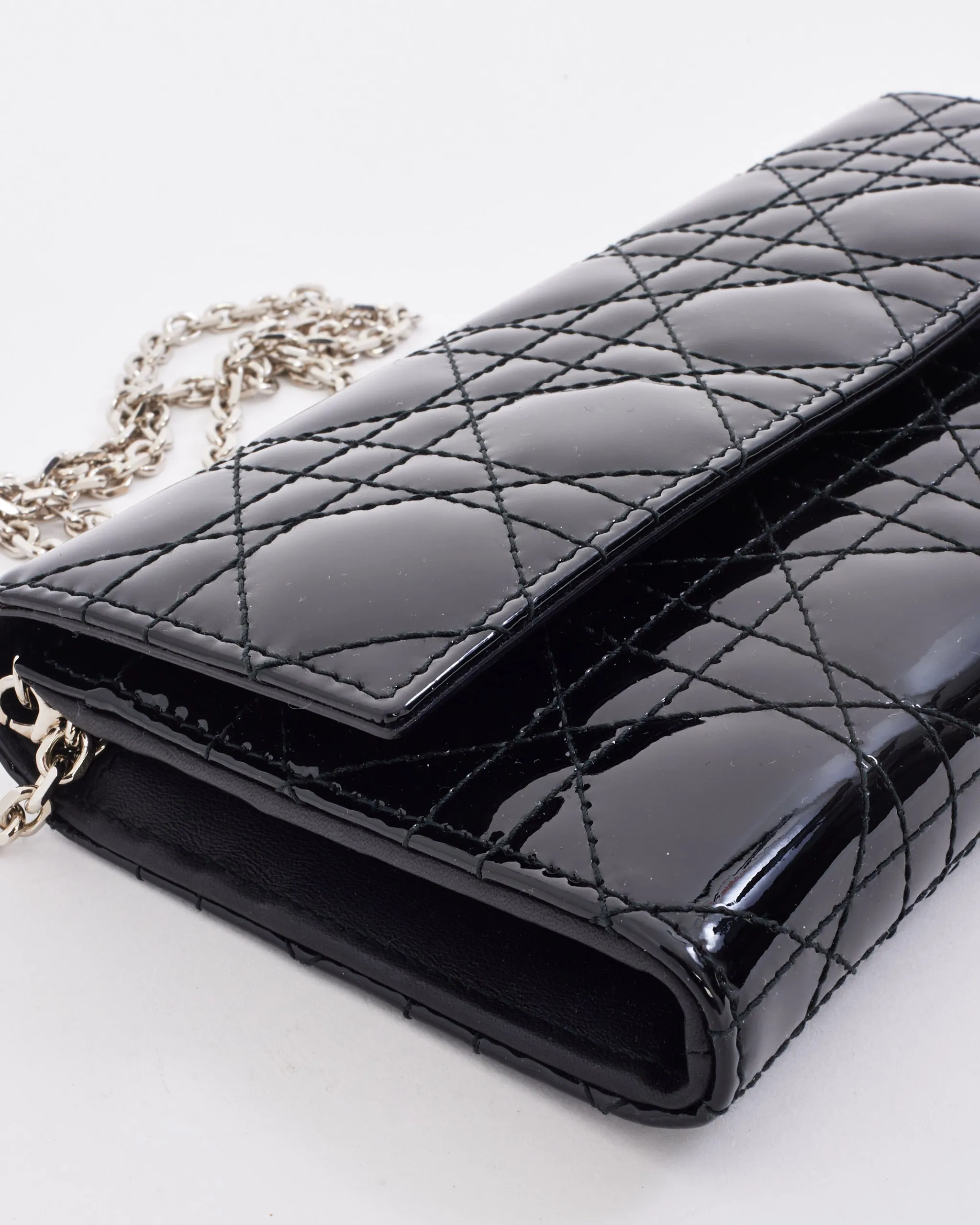 Dior Black Patent Leather Lady Dior Wallet on Chain