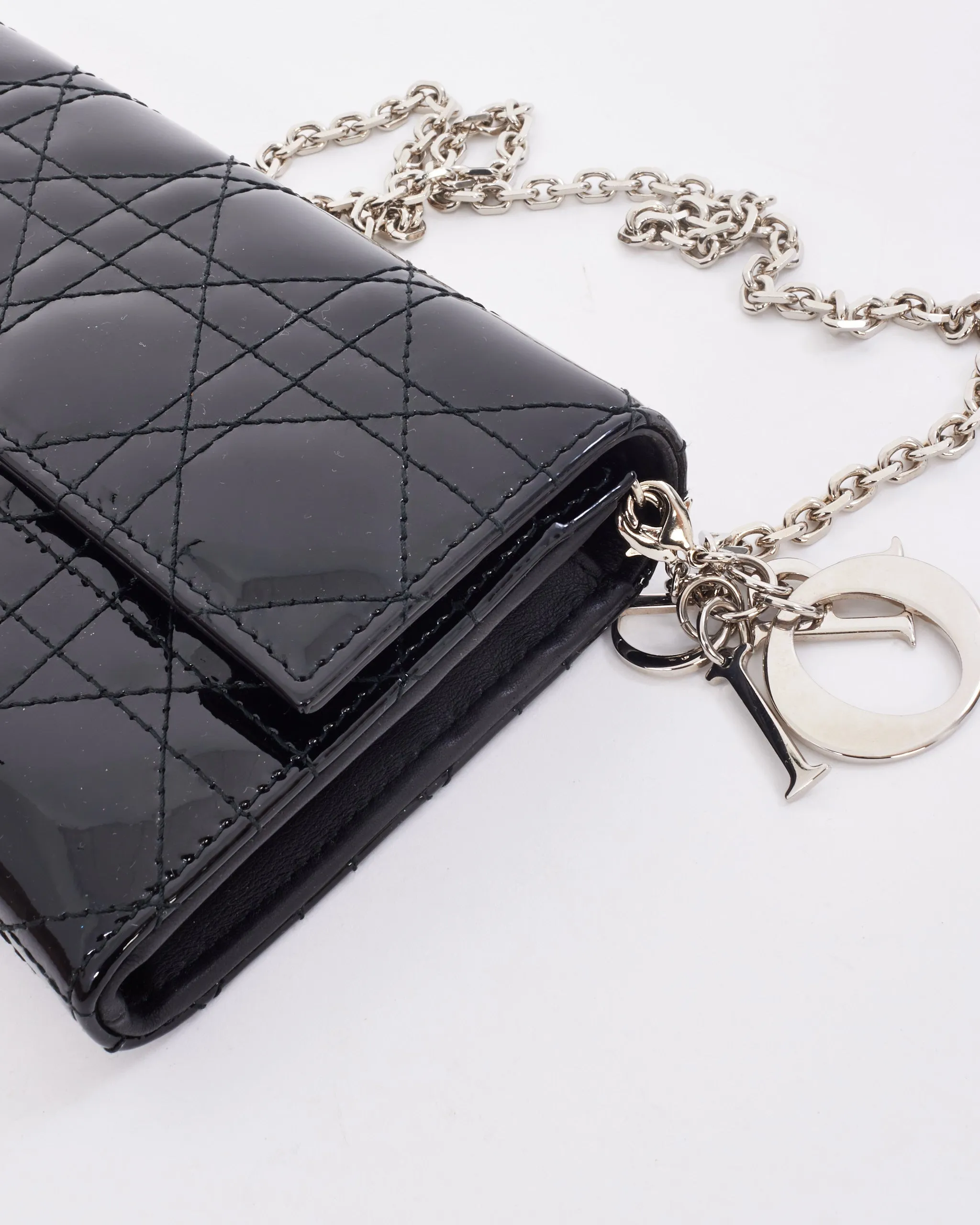 Dior Black Patent Leather Lady Dior Wallet on Chain
