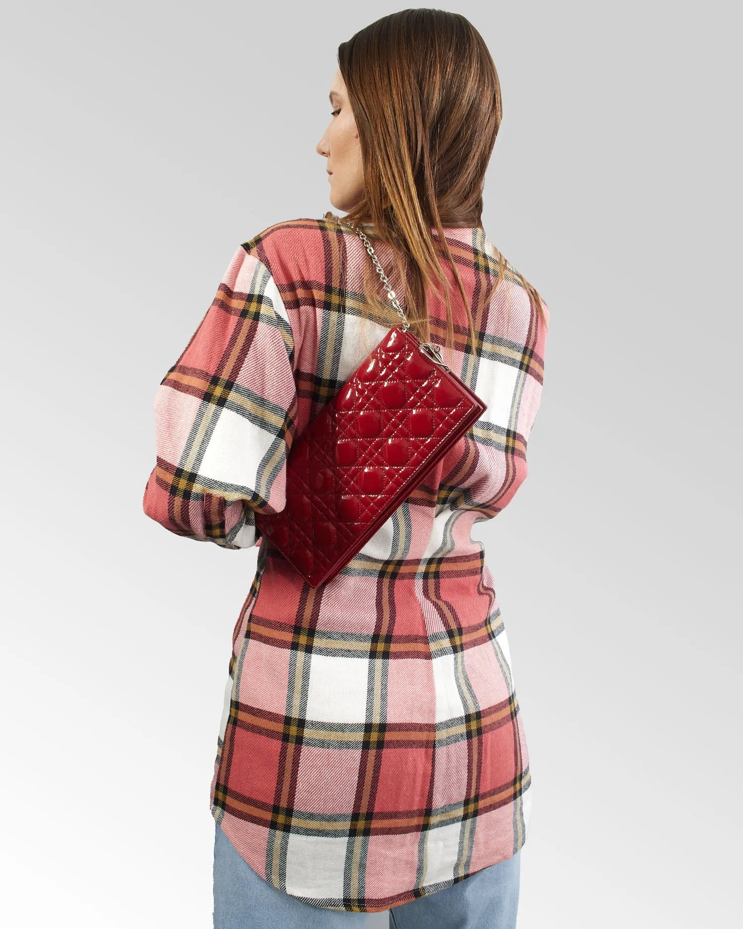 Dior Red Cannage Patent Leather Lady Dior Chain Clutch