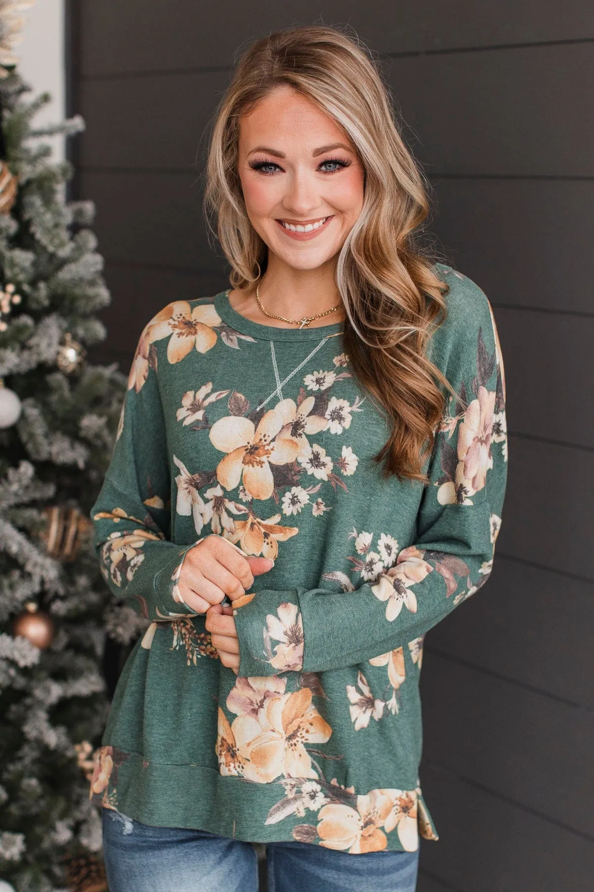 Easy To See Long Sleeve Floral Top- Evergreen