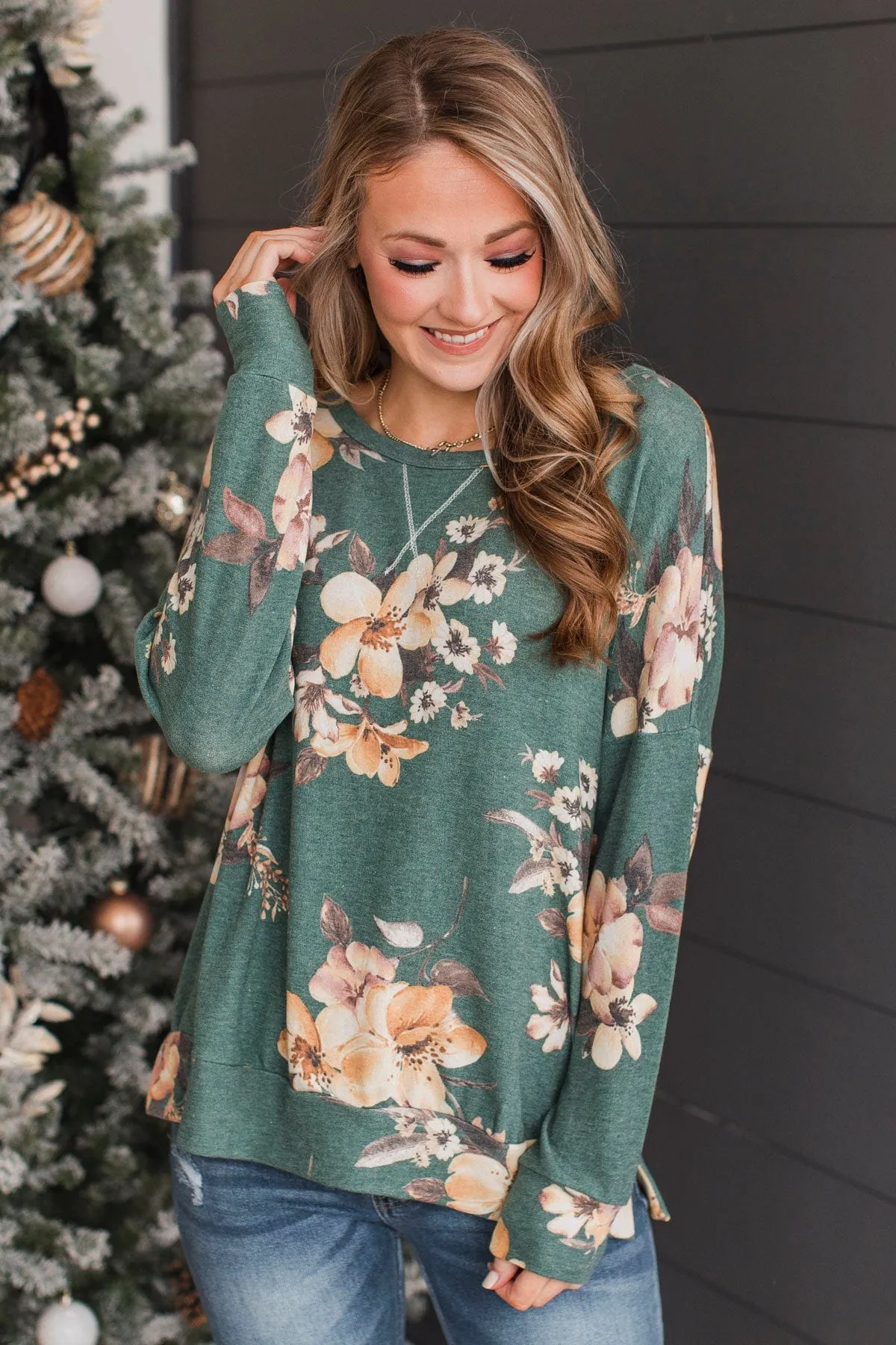 Easy To See Long Sleeve Floral Top- Evergreen