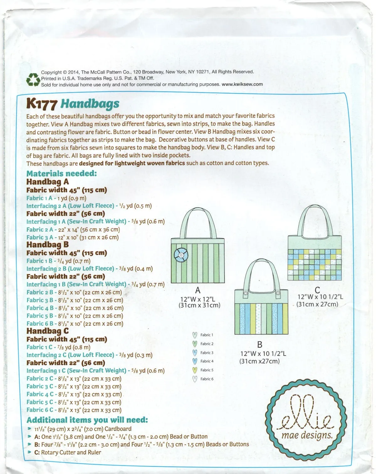 Ellie Mae Designs K177 Pretty Pieced Purses/Handbags, Uncut, Factory Folded, Sewing Pattern Various Sizes