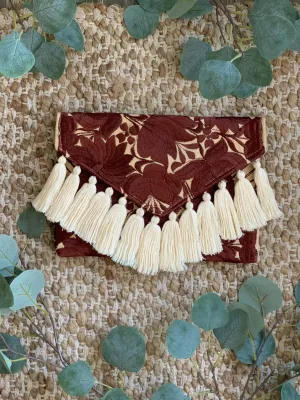 Embroidered Envelope Clutch - Tan with Brown