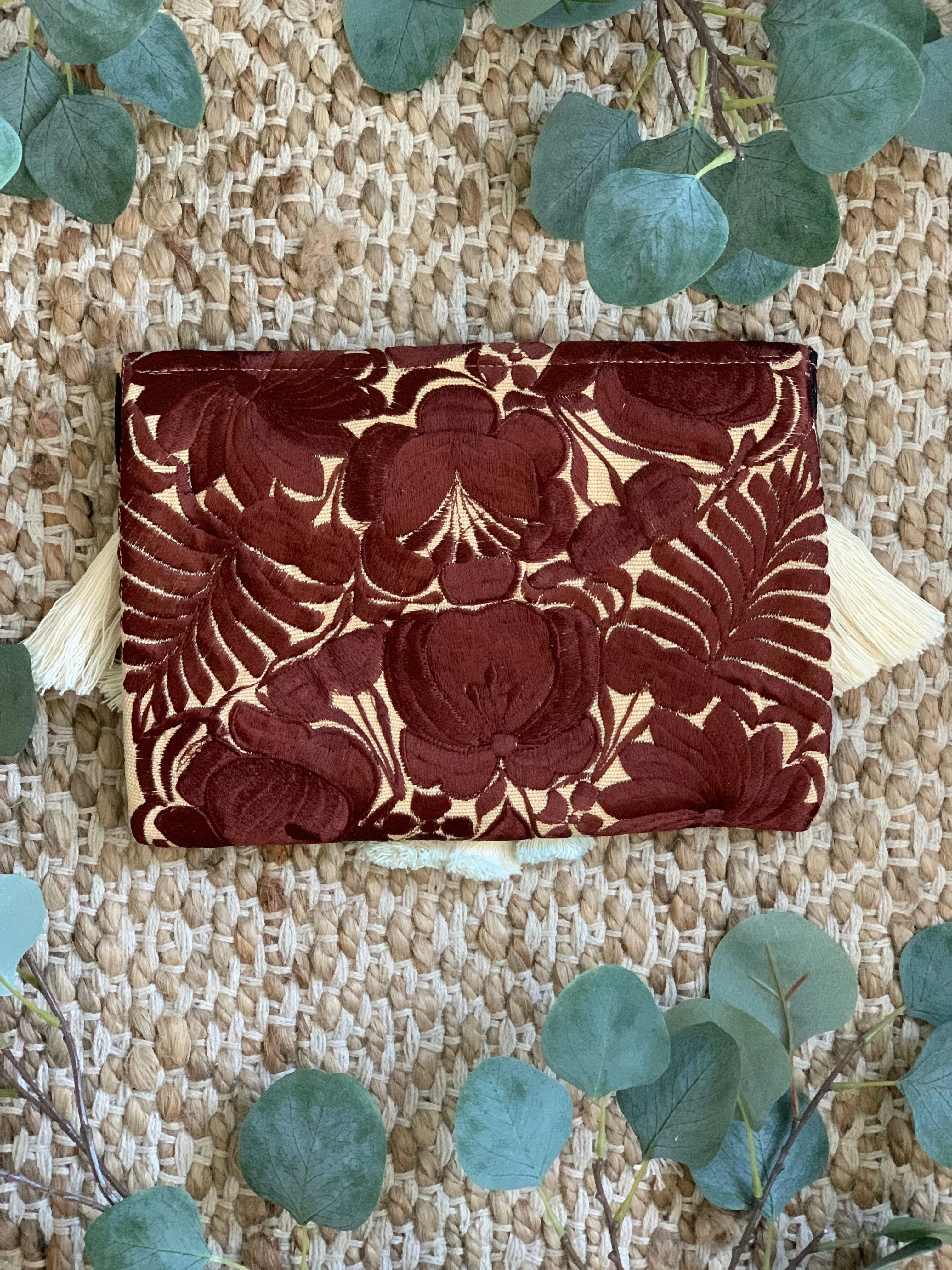 Embroidered Envelope Clutch - Tan with Brown