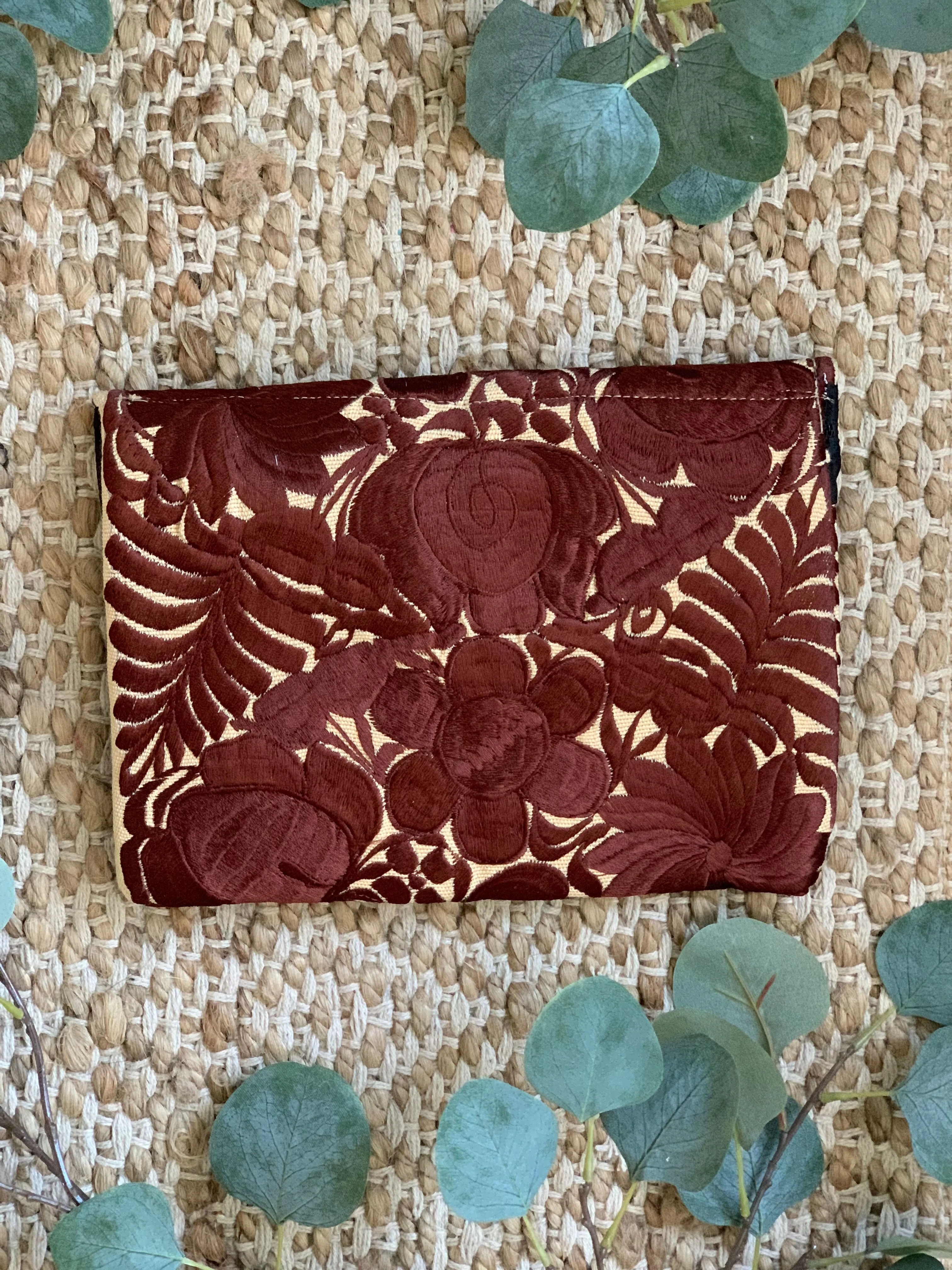 Embroidered Envelope Clutch - Tan with Brown