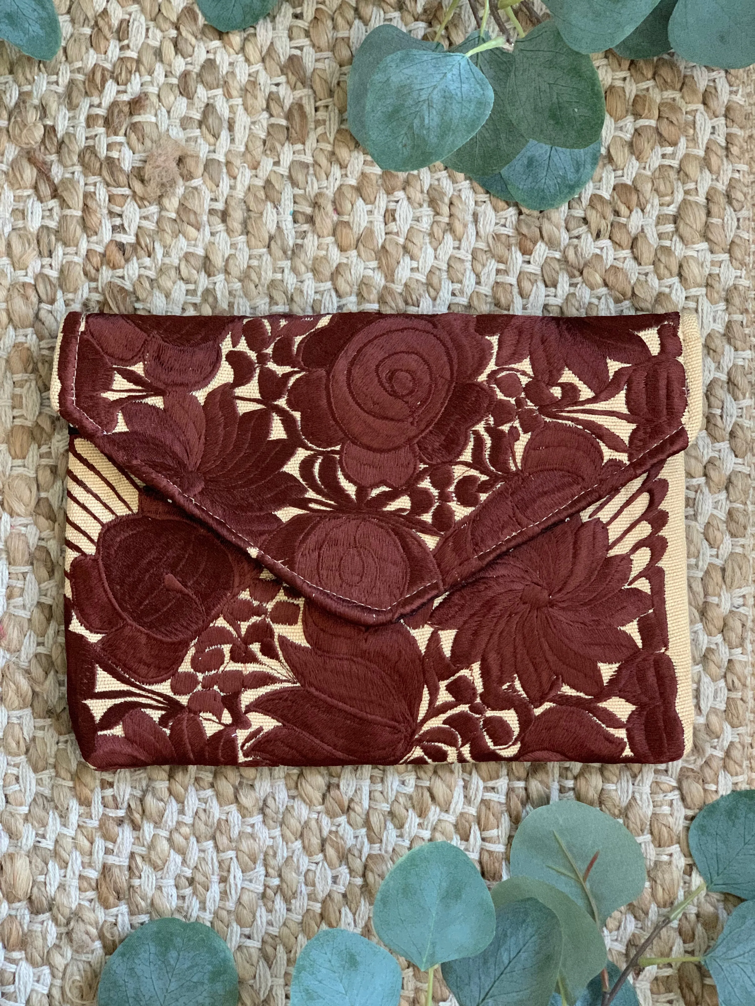 Embroidered Envelope Clutch - Tan with Brown