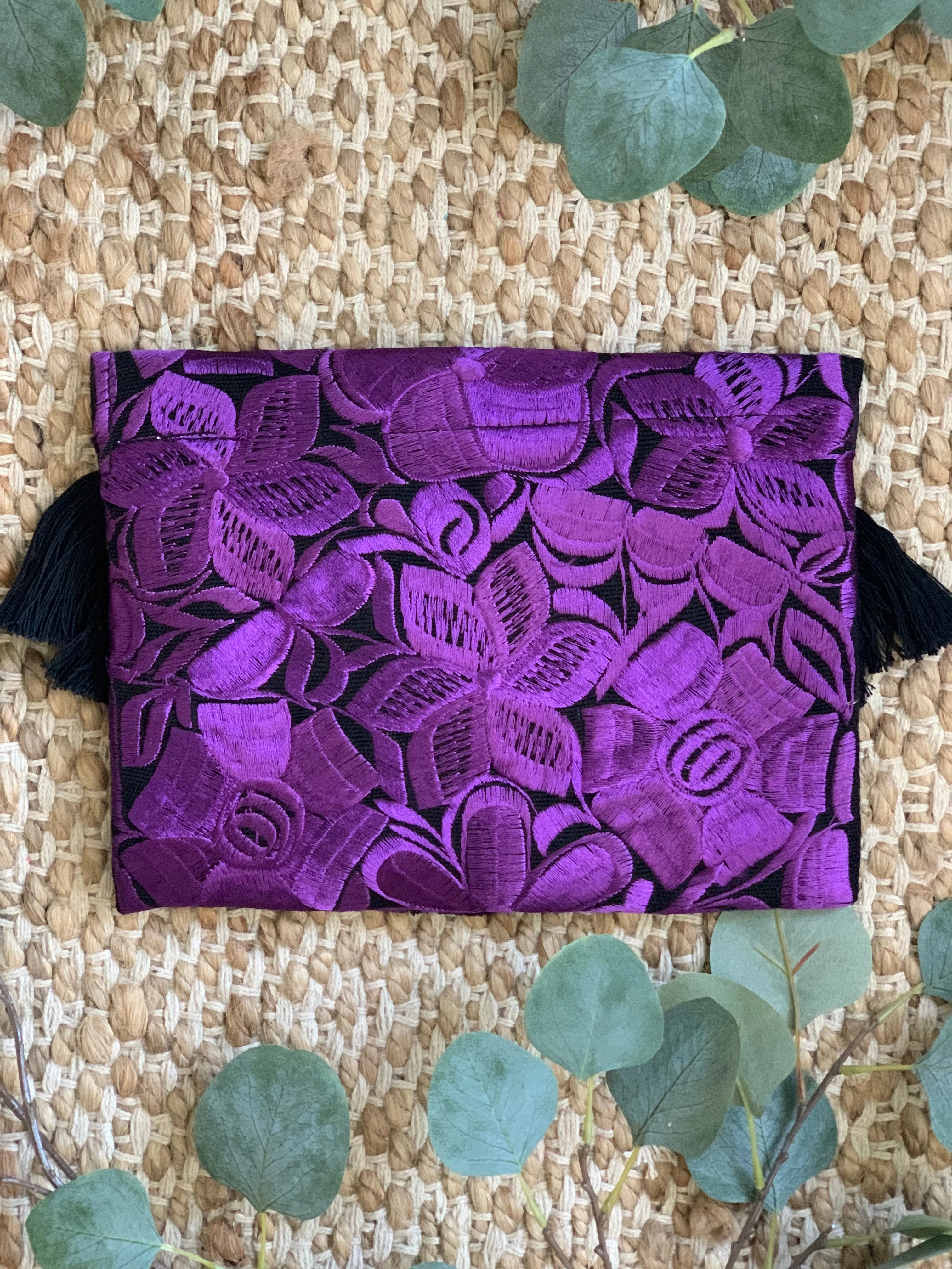 Embroidered Envelope Clutch with Tassels - Black with Purple