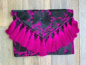 Embroidered Envelope Clutch with Tassels - Magenta with Black