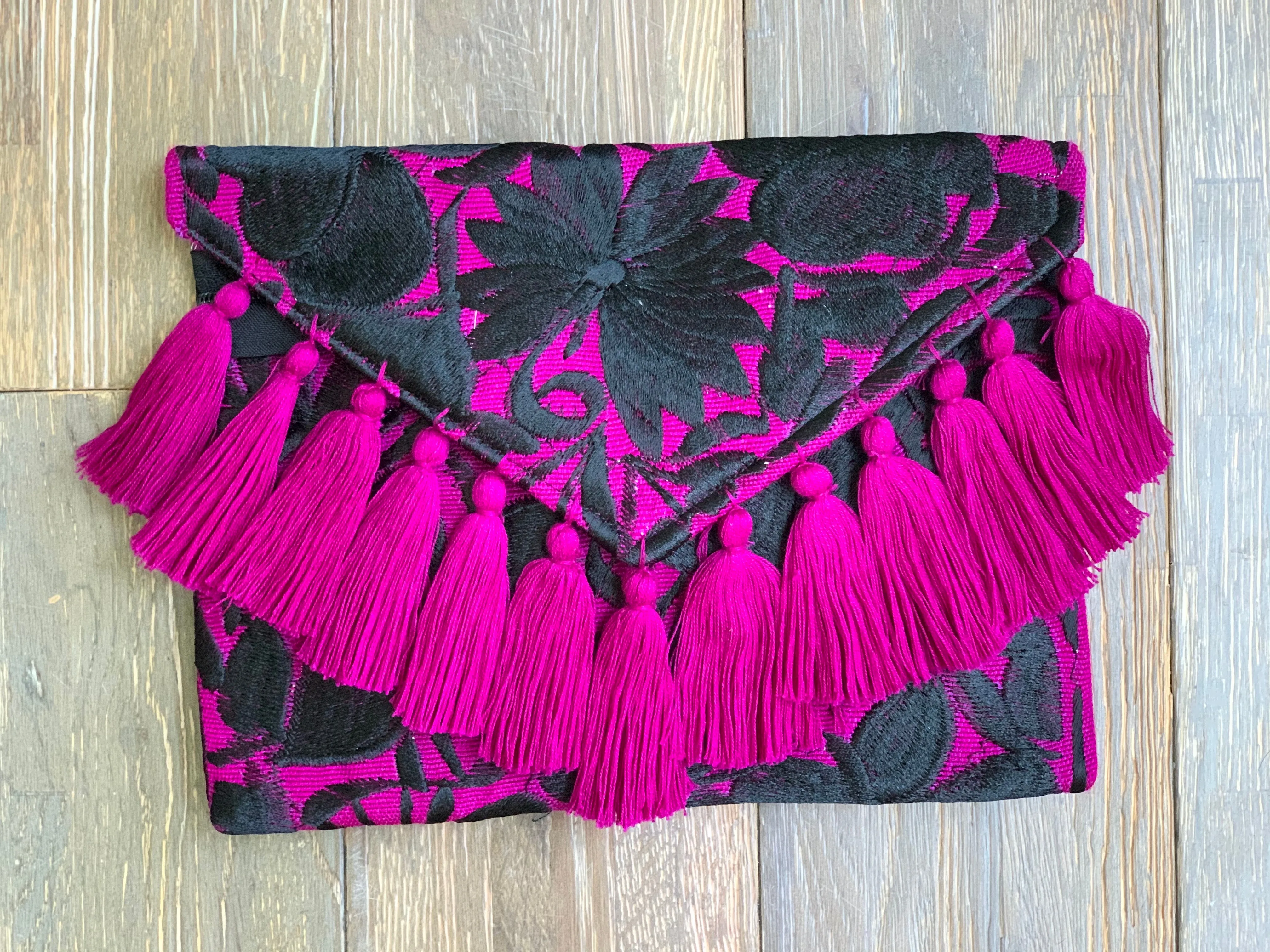 Embroidered Envelope Clutch with Tassels - Magenta with Black