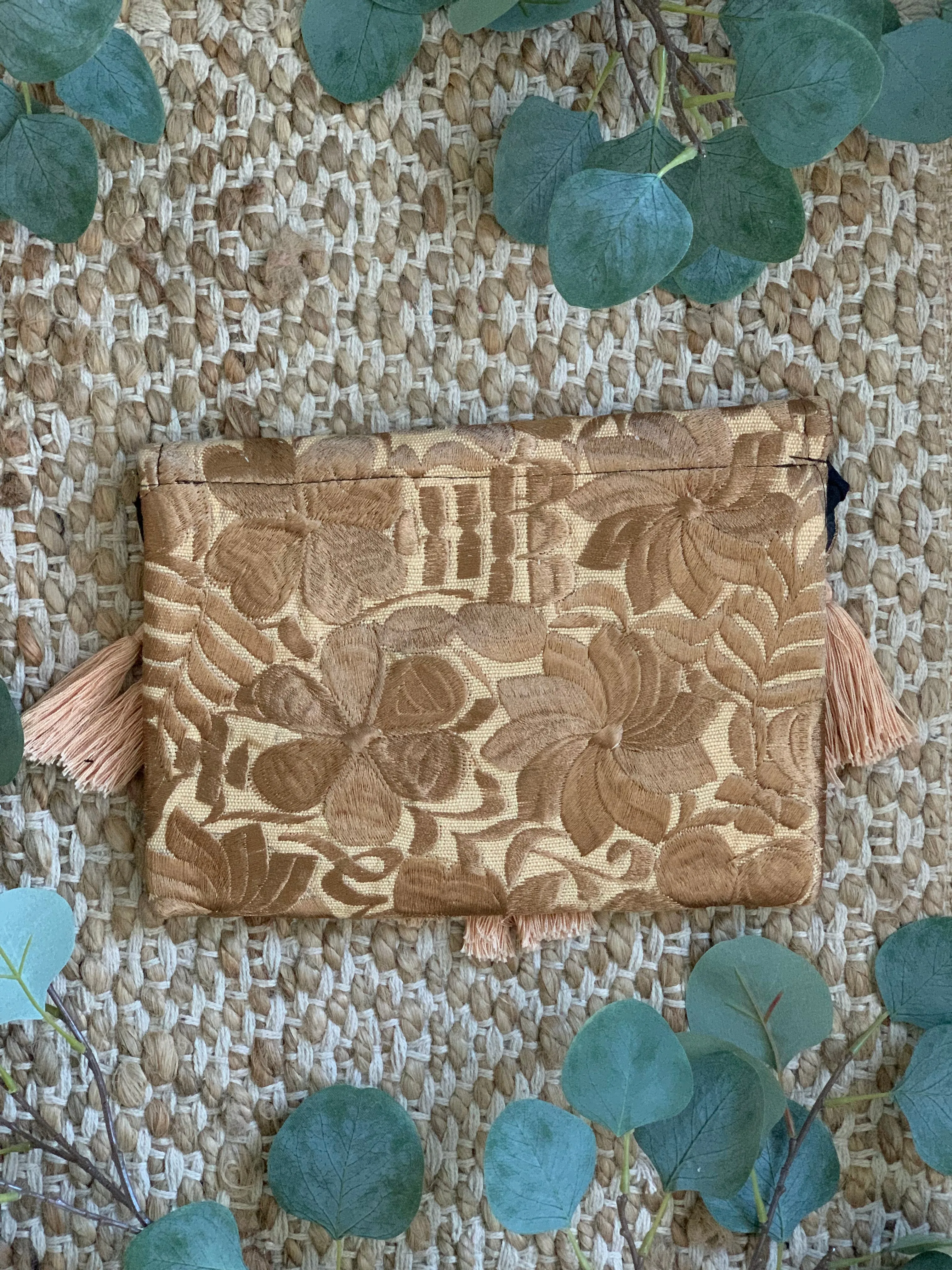 Embroidered Envelope Clutch with Tassels - Wheat