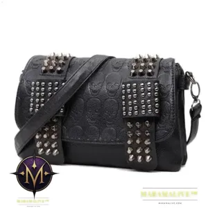 Fashion Women Black Leather Messenger Bags Fashion Vintage Messenger Cool Skull Rivets Shoulder Bags