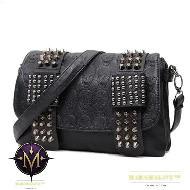 Fashion Women Black Leather Messenger Bags Fashion Vintage Messenger Cool Skull Rivets Shoulder Bags
