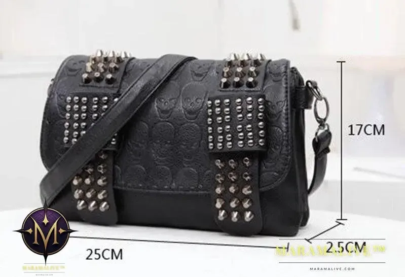 Fashion Women Black Leather Messenger Bags Fashion Vintage Messenger Cool Skull Rivets Shoulder Bags
