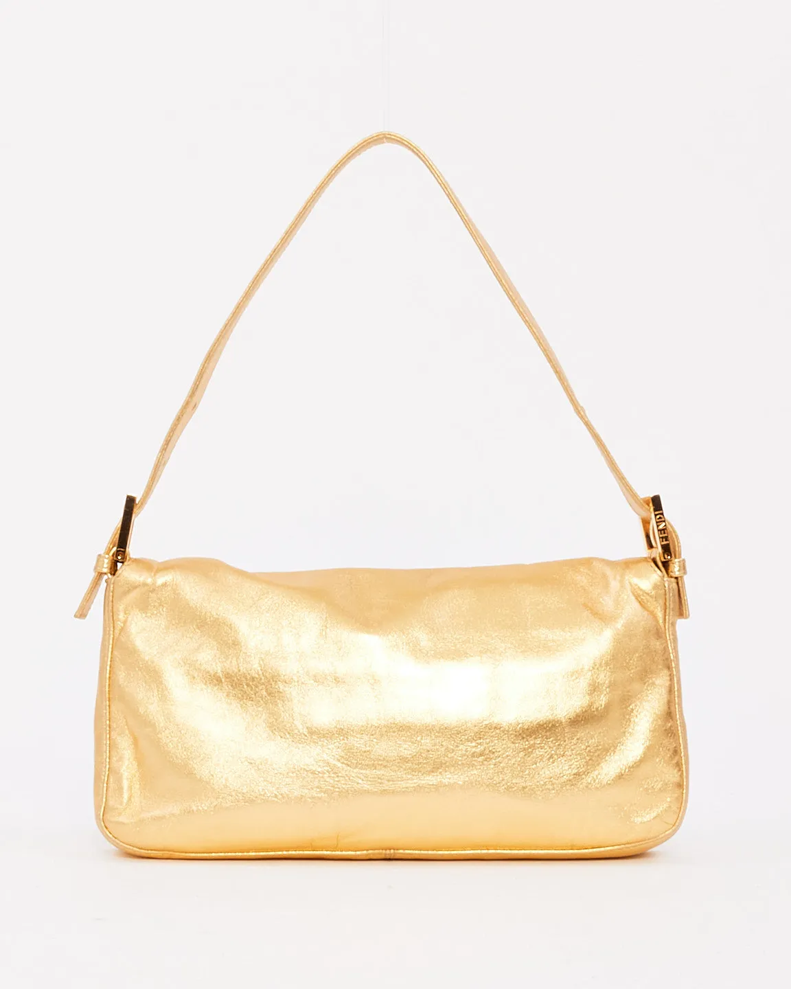 Fendi Gold Leather Crystal Buckle Baguette Bag