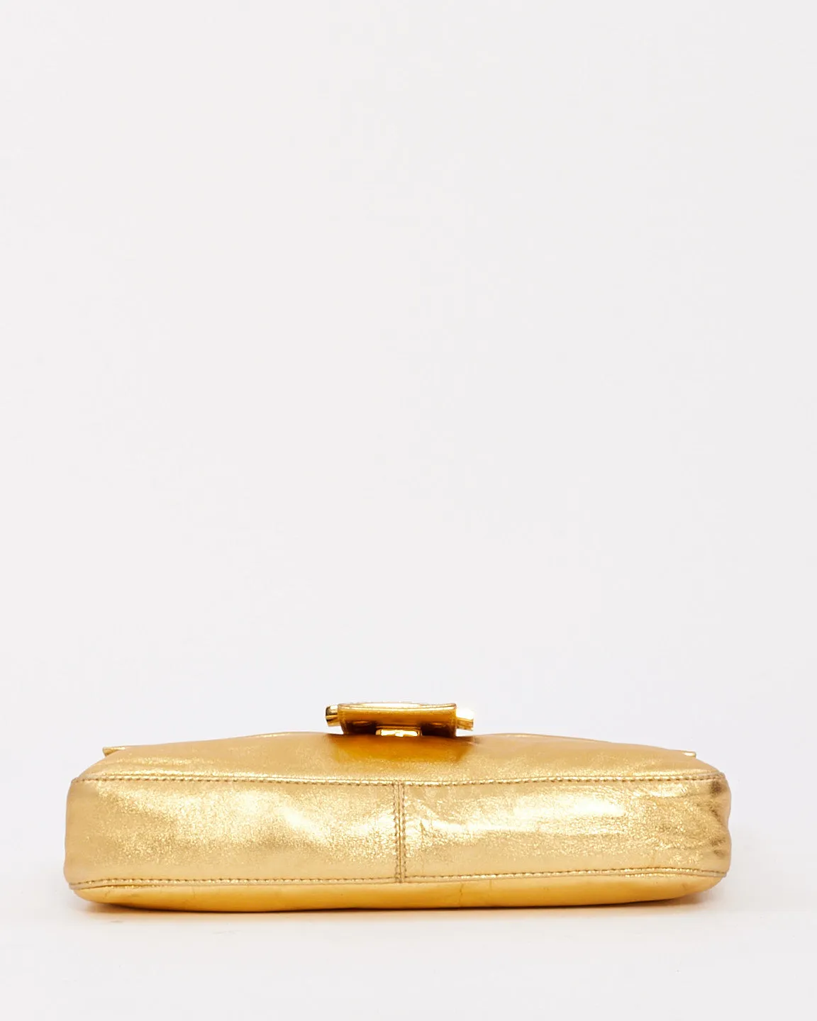 Fendi Gold Leather Crystal Buckle Baguette Bag