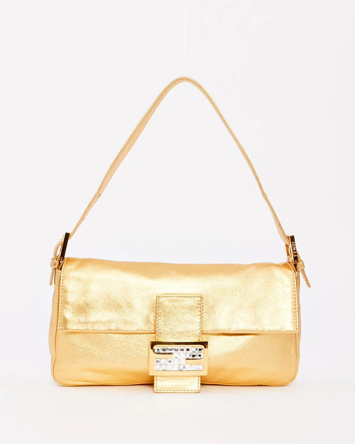 Fendi Gold Leather Crystal Buckle Baguette Bag