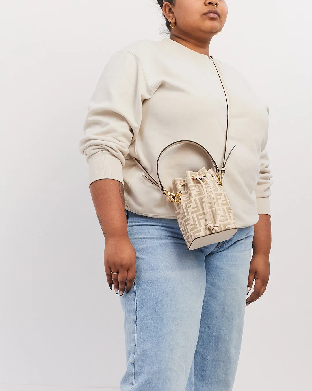 Fendi White PVC and Leather Zucca Print Mini "Mon Tresor" Drawstring Bucket Bag