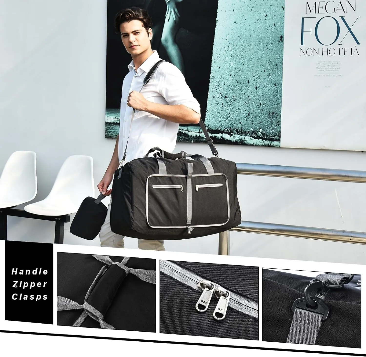 Foldable Waterproof Duffle Bag with Shoes Compartment and Toiletry Bag