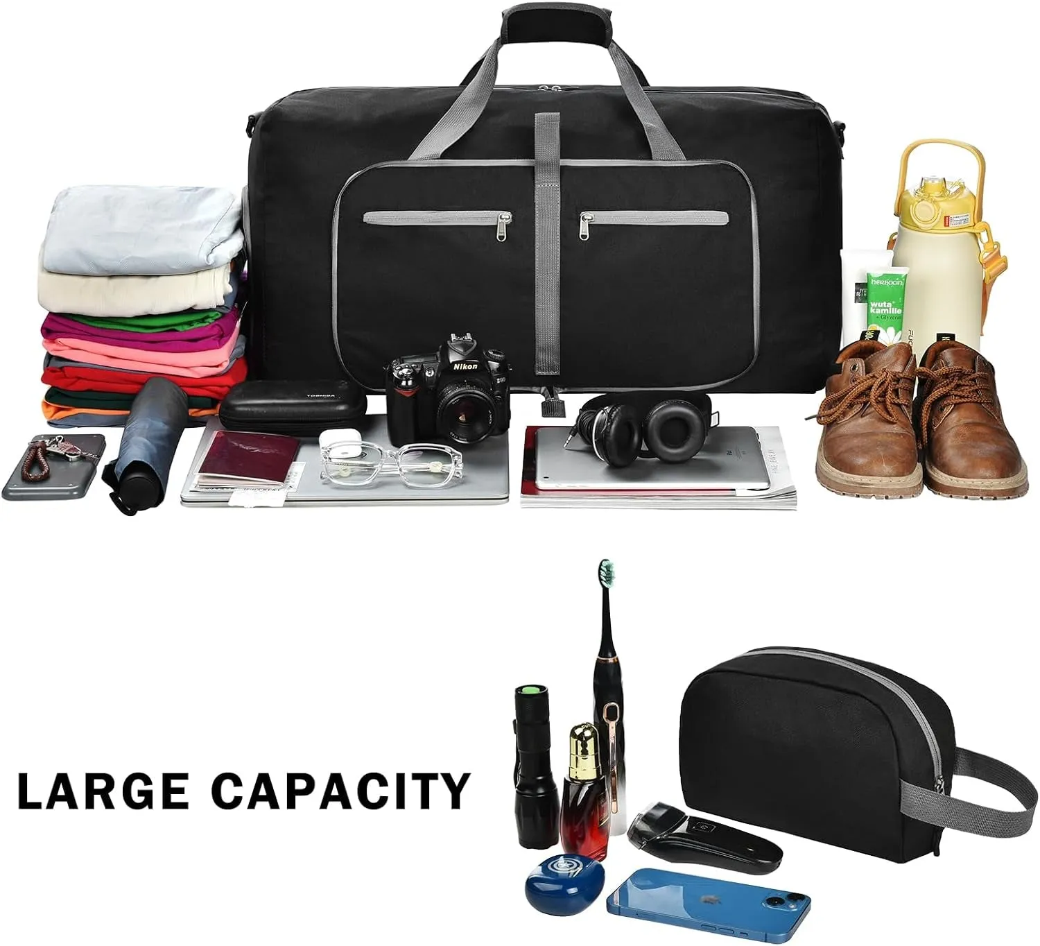 Foldable Waterproof Duffle Bag with Shoes Compartment and Toiletry Bag