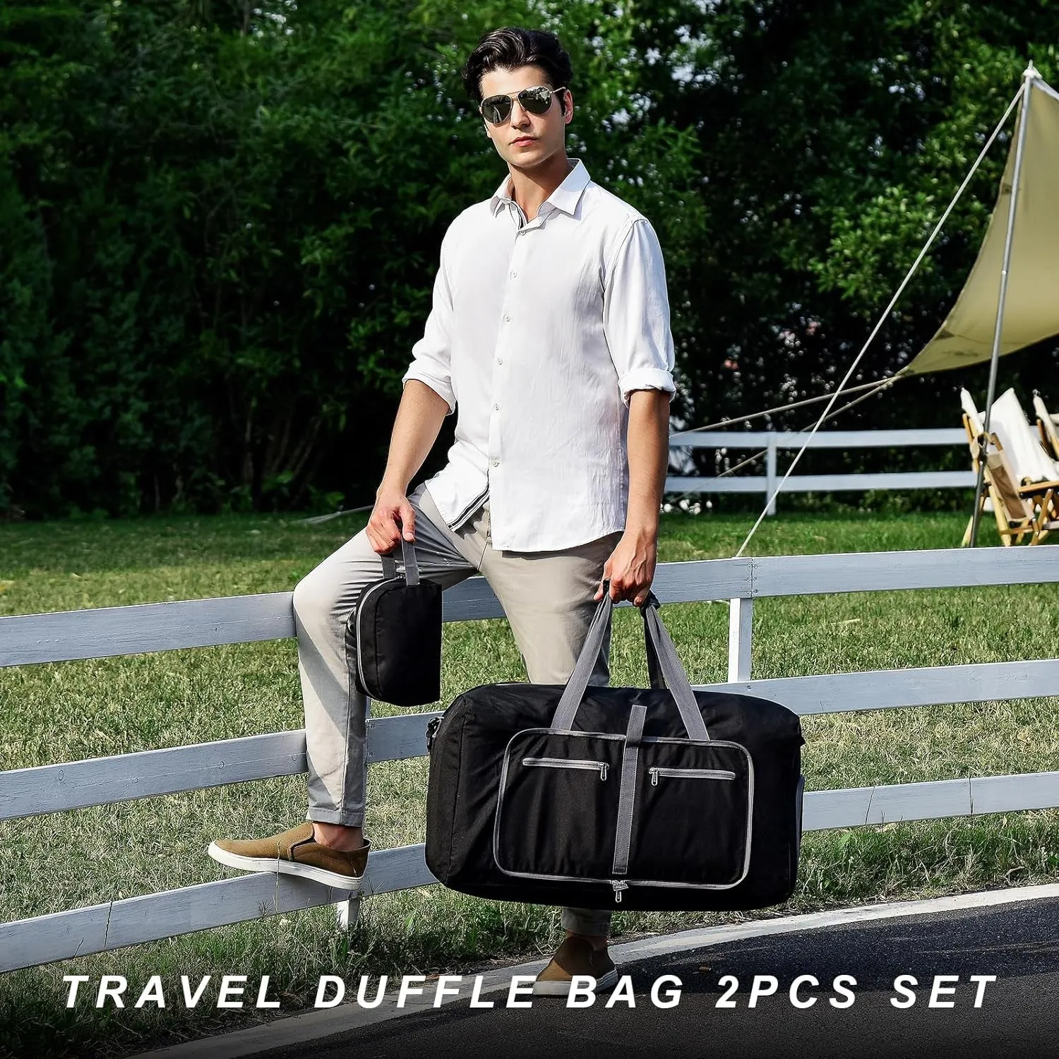 Foldable Waterproof Duffle Bag with Shoes Compartment and Toiletry Bag