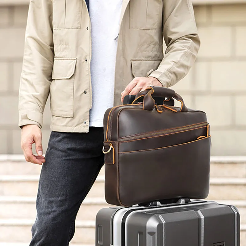 Full Grain Leather Attache Leather Messenger Bag Classic Leather Business Briefcase Vintage 15.6" Laptop Bag For Mens