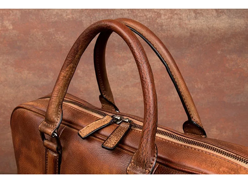 Full Grain Leather Briefcase Men's Leather Laptop Bag Shoulder Messenger Bag