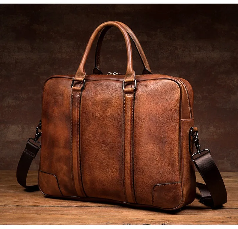Full Grain Leather Briefcase Men's Leather Laptop Bag Shoulder Messenger Bag