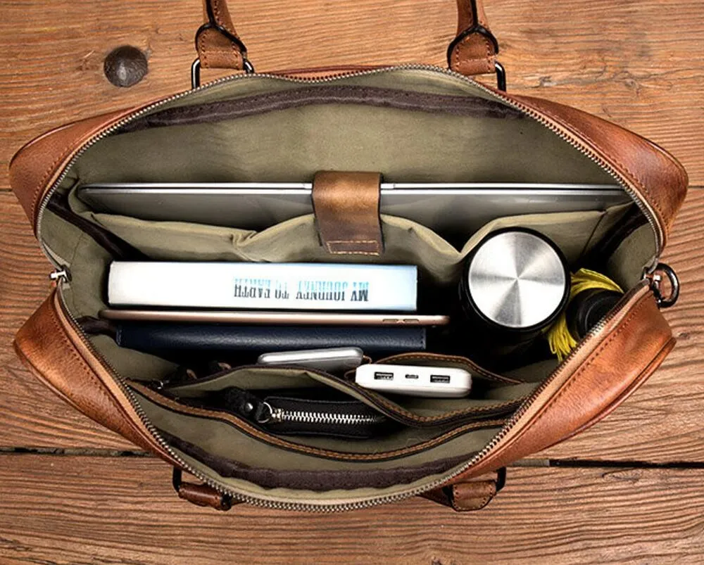 Full Grain Leather Briefcase Men's Leather Laptop Bag Shoulder Messenger Bag