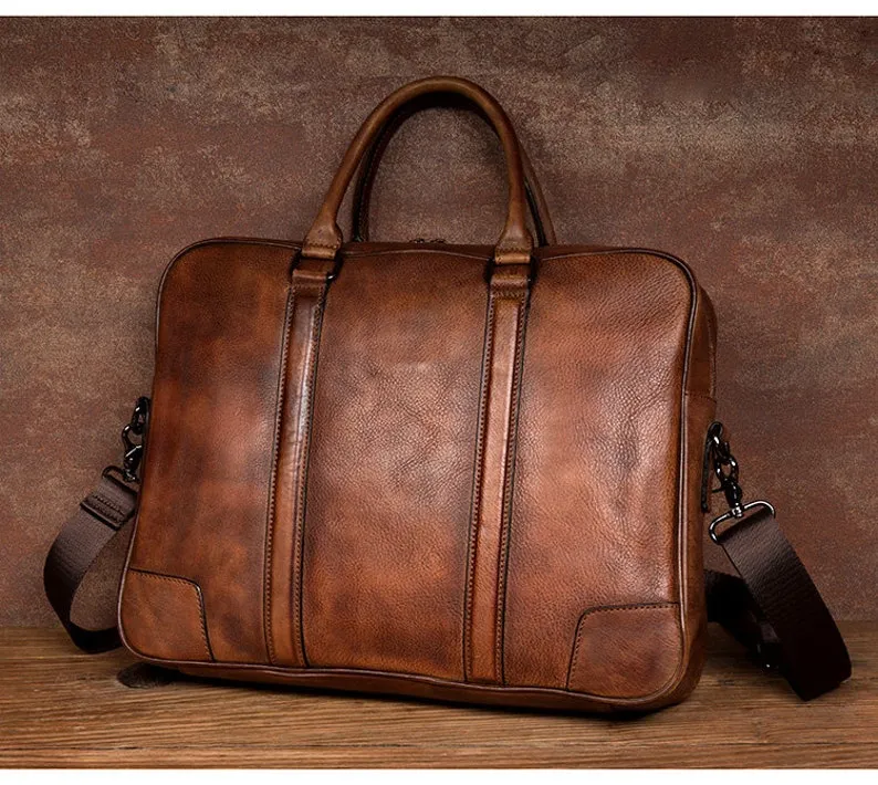 Full Grain Leather Briefcase Men's Leather Laptop Bag Shoulder Messenger Bag