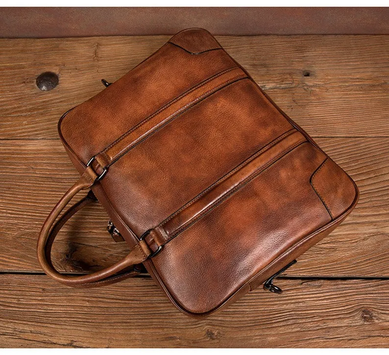 Full Grain Leather Briefcase Men's Leather Laptop Bag Shoulder Messenger Bag