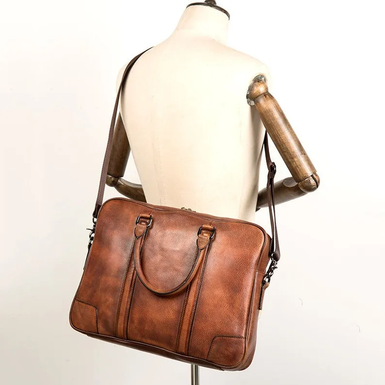Full Grain Leather Briefcase Men's Leather Laptop Bag Shoulder Messenger Bag