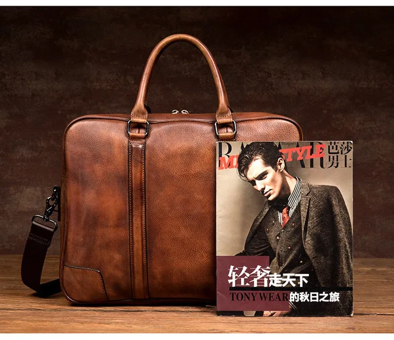 Full Grain Leather Briefcase Men's Leather Laptop Bag Shoulder Messenger Bag
