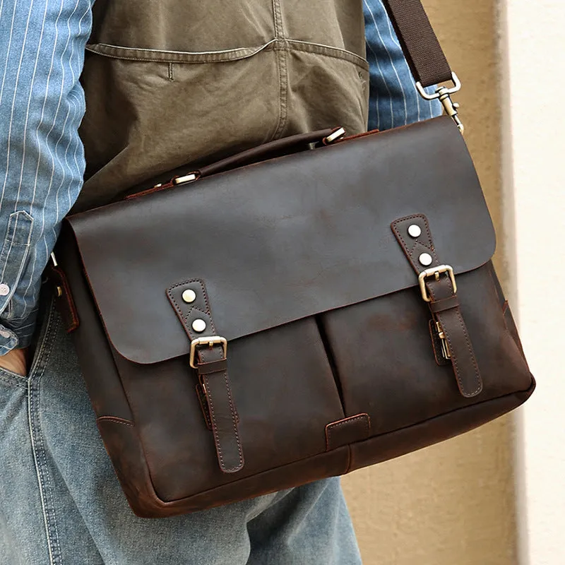 Full Grain Leather Briefcase Men's Leather Messenger Bag Handmade Laptop Bag Crossbody Shoulder Bag Top Handle Business Bag