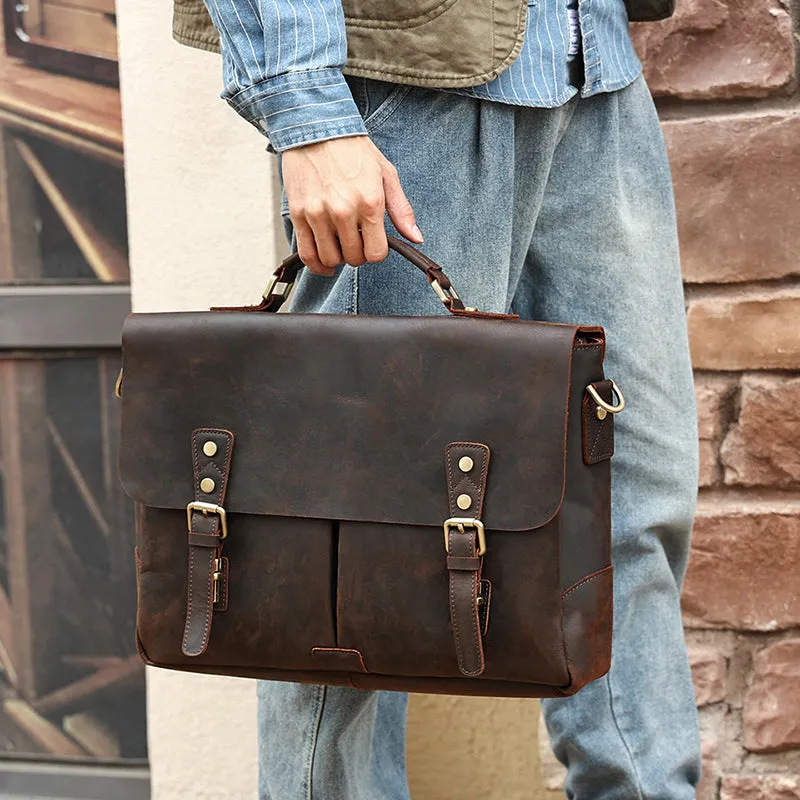 Full Grain Leather Briefcase Men's Leather Messenger Bag Handmade Laptop Bag Crossbody Shoulder Bag Top Handle Business Bag
