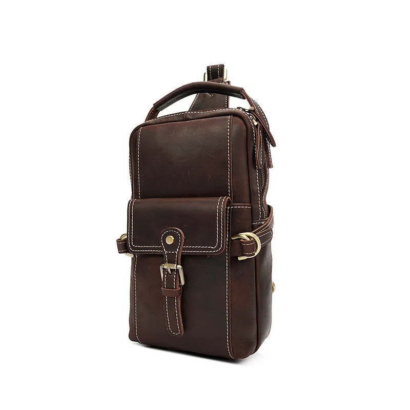 Full Grain Leather Men Sling Bag Retro Leather Chest Pack Handmade Mens Shoulder Bag