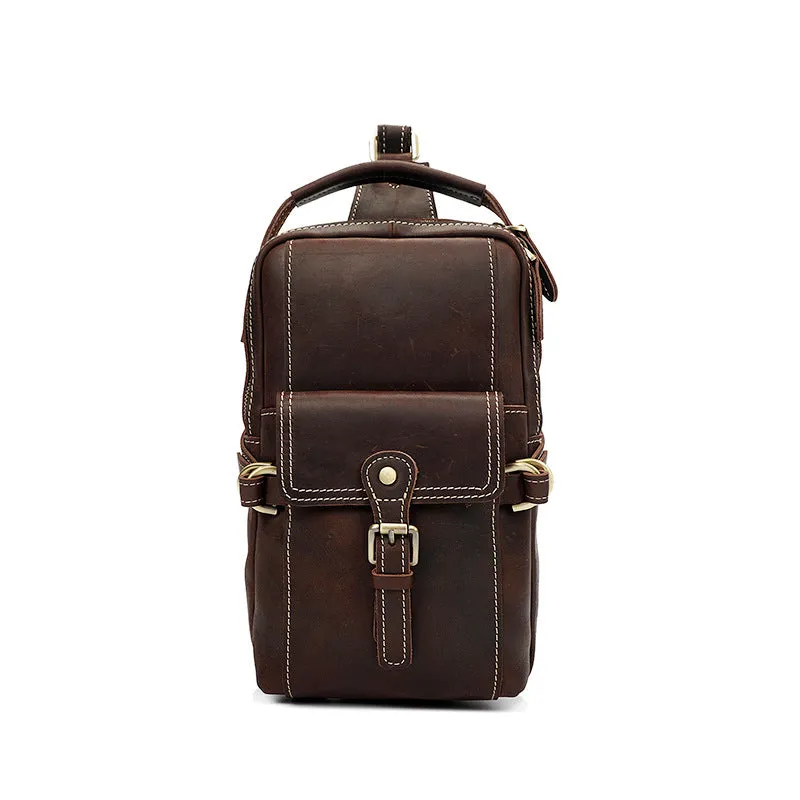 Full Grain Leather Men Sling Bag Retro Leather Chest Pack Handmade Mens Shoulder Bag