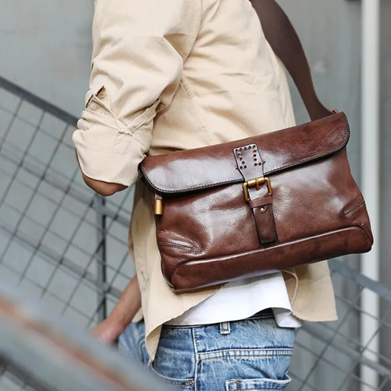 Full Grain Leather Men's Shoulder Bag Vintage Handmade Leather Messenger Bag Leather Crossbody Bag