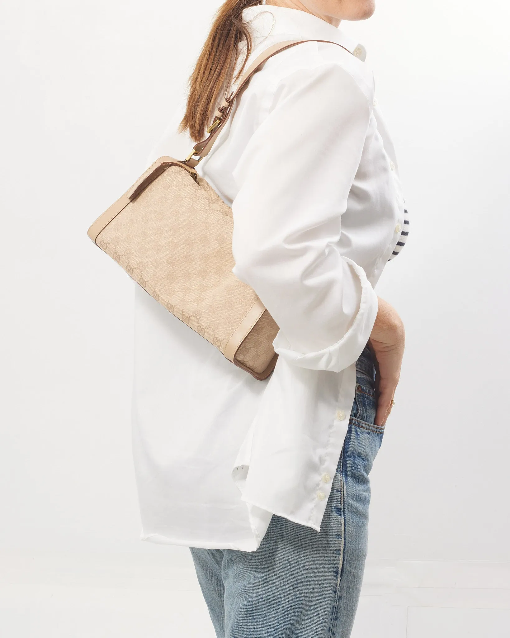 Gucci Beige GG Canvas Print Vintage Shoulder Bag